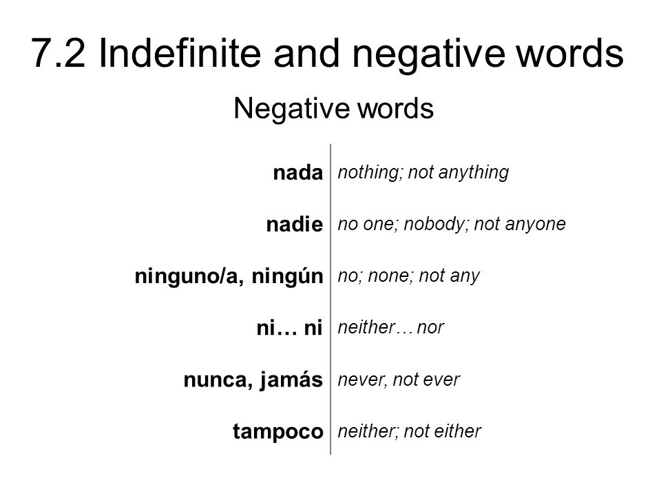 Negative words nada nadie ninguno/a, ningún ni… ni nunca, jamás
