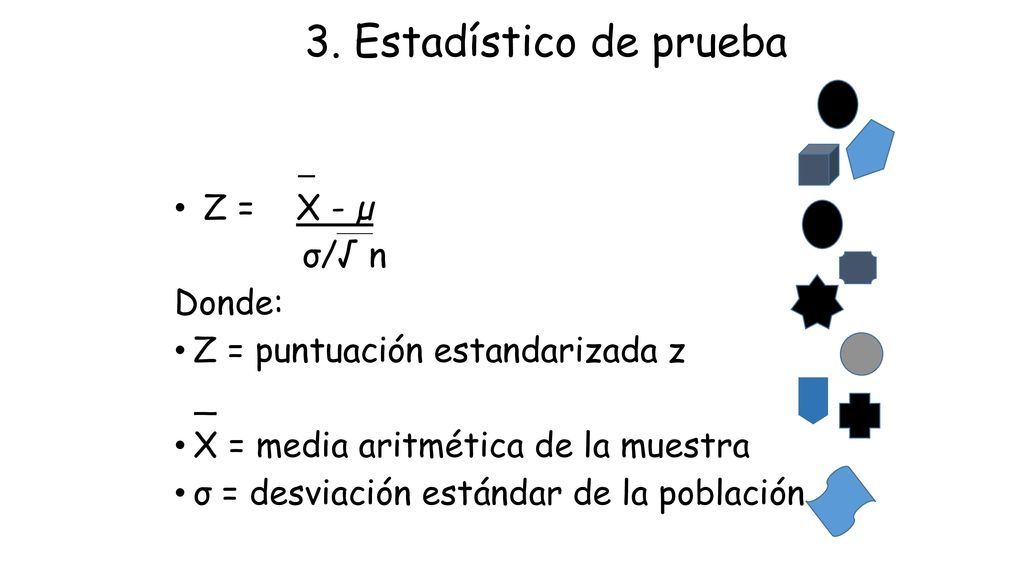 3. Estadístico de prueba _ Z = X - µ σ/√ n Donde: