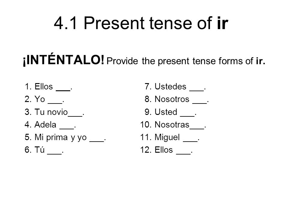 ¡INTÉNTALO! Provide the present tense forms of ir.