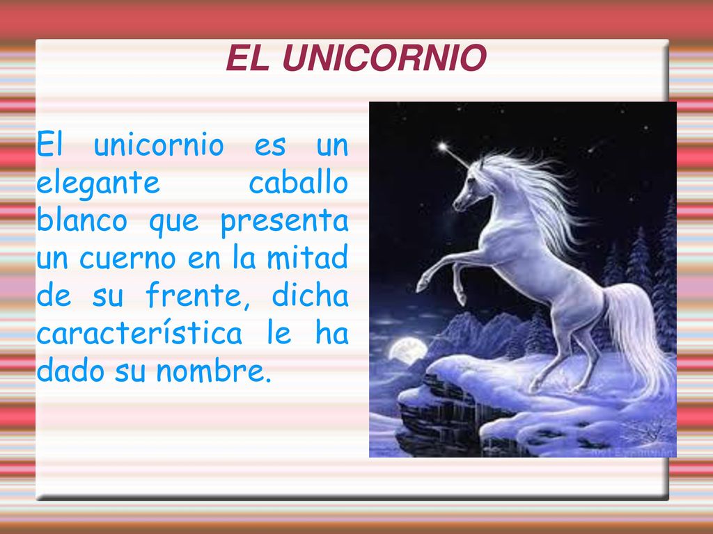EL UNICORNIO El unicornio es un elegante caballo blanco que presenta un cuerno en la mitad de su frente, dicha característica le ha dado su nombre.