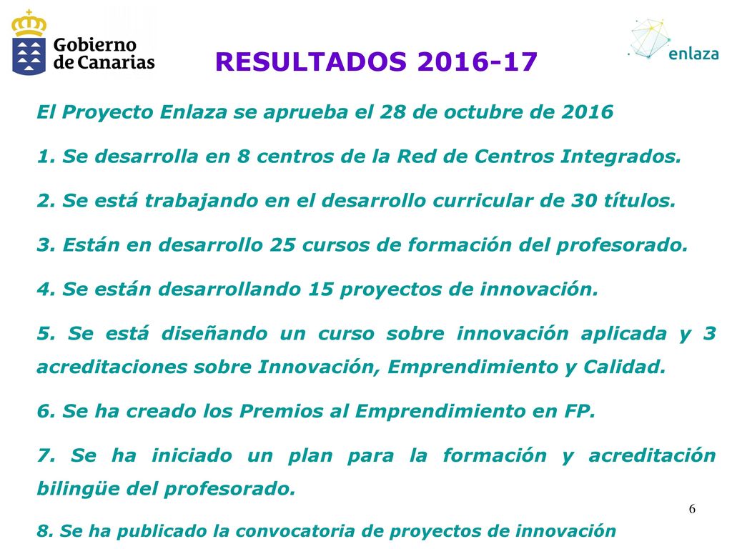 RESULTADOS El Proyecto Enlaza se aprueba el 28 de octubre de Se desarrolla en 8 centros de la Red de Centros Integrados.