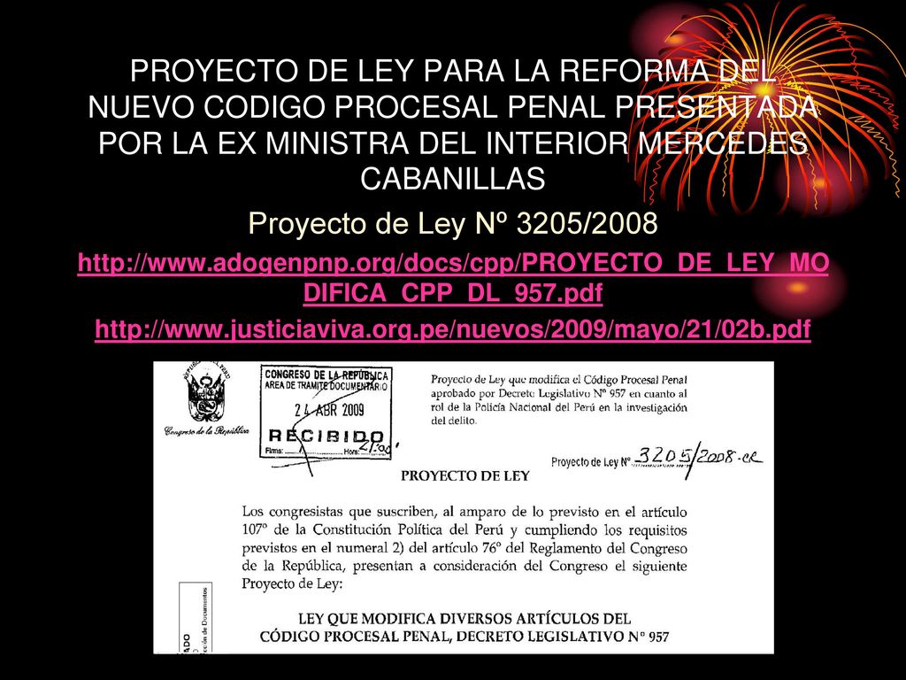 PROYECTO DE LEY PARA LA REFORMA DEL NUEVO CODIGO PROCESAL PENAL PRESENTADA POR LA EX MINISTRA DEL INTERIOR MERCEDES CABANILLAS