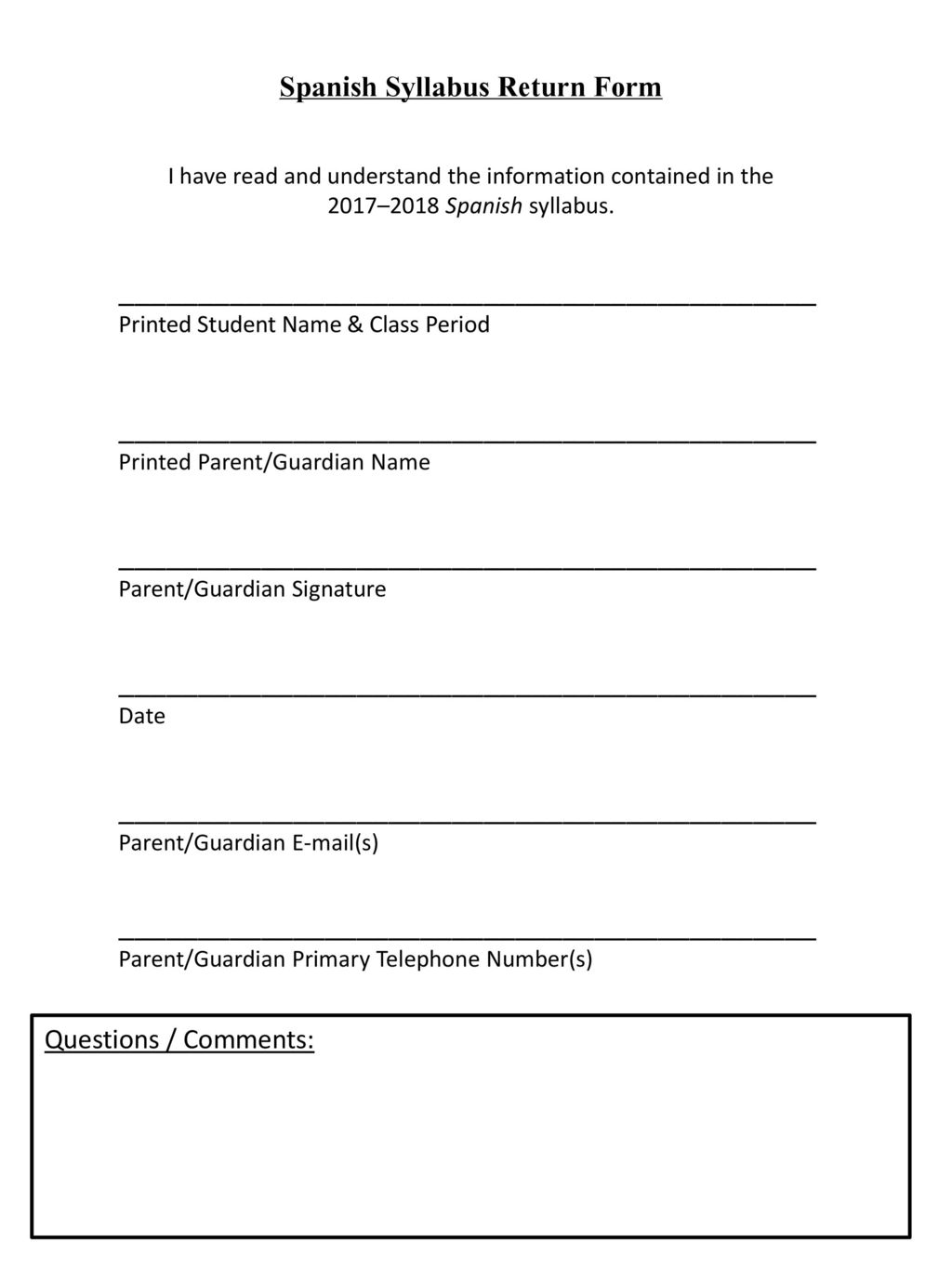 Spanish Syllabus Return Form