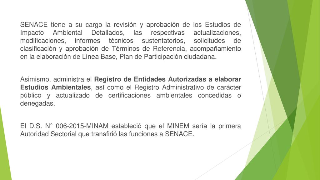 SENACE tiene a su cargo la revisión y aprobación de los Estudios de Impacto Ambiental Detallados, las respectivas actualizaciones, modificaciones, informes técnicos sustentatorios, solicitudes de clasificación y aprobación de Términos de Referencia, acompañamiento en la elaboración de Línea Base, Plan de Participación ciudadana.