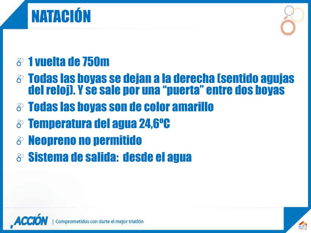 natación 1 vuelta de 750m. Todas las boyas se dejan a la derecha (sentido agujas del reloj). Y se sale por una puerta entre dos boyas.
