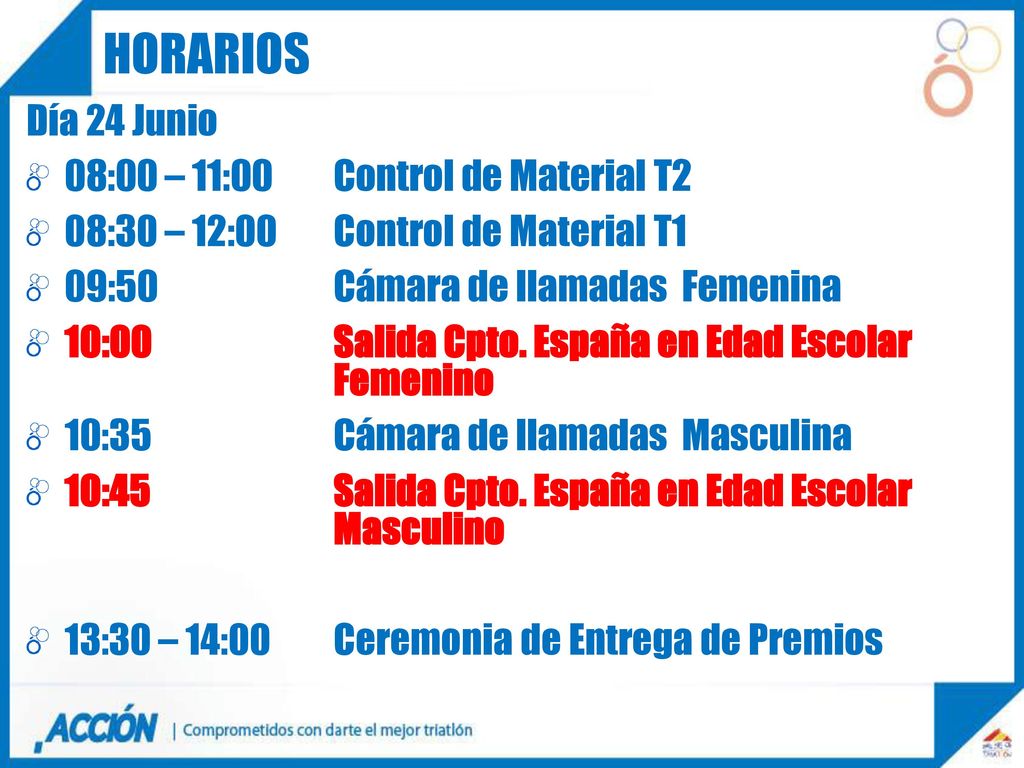 HORARIOS Día 24 Junio 08:00 – 11:00 Control de Material T2