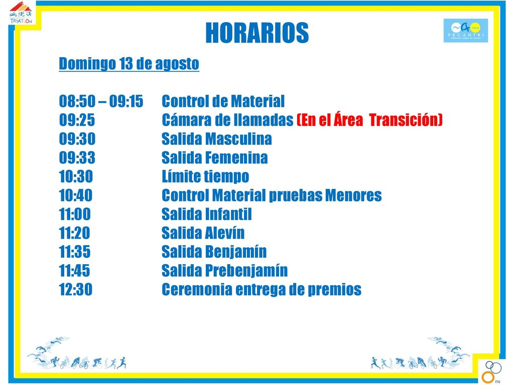 HORARIOS Domingo 13 de agosto 08:50 – 09:15 Control de Material
