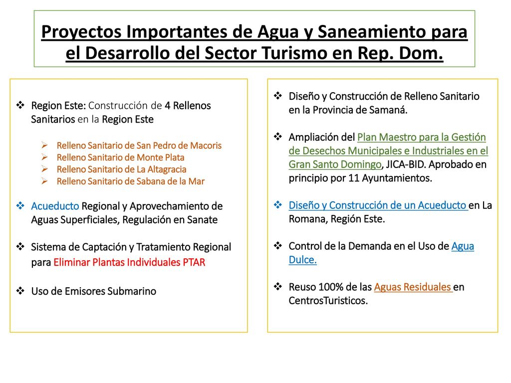 Proyectos Importantes de Agua y Saneamiento para el Desarrollo del Sector Turismo en Rep. Dom.