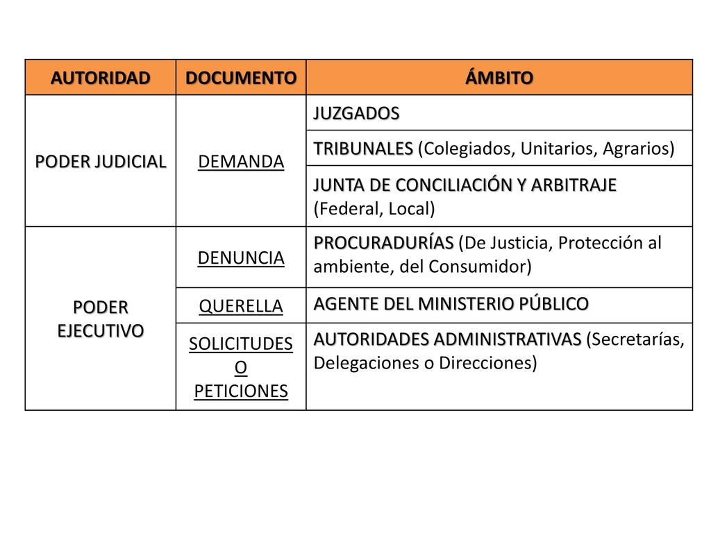 AUTORIDAD DOCUMENTO. ÁMBITO. PODER JUDICIAL. DEMANDA. JUZGADOS. TRIBUNALES (Colegiados, Unitarios, Agrarios)