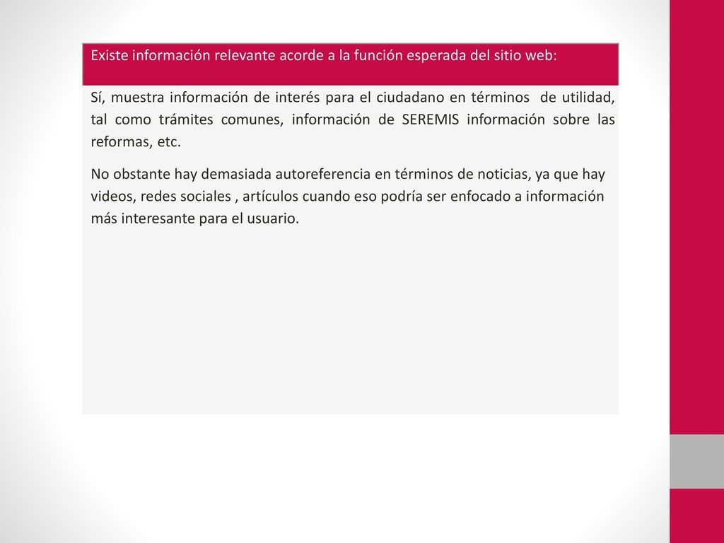 Existe información relevante acorde a la función esperada del sitio web:
