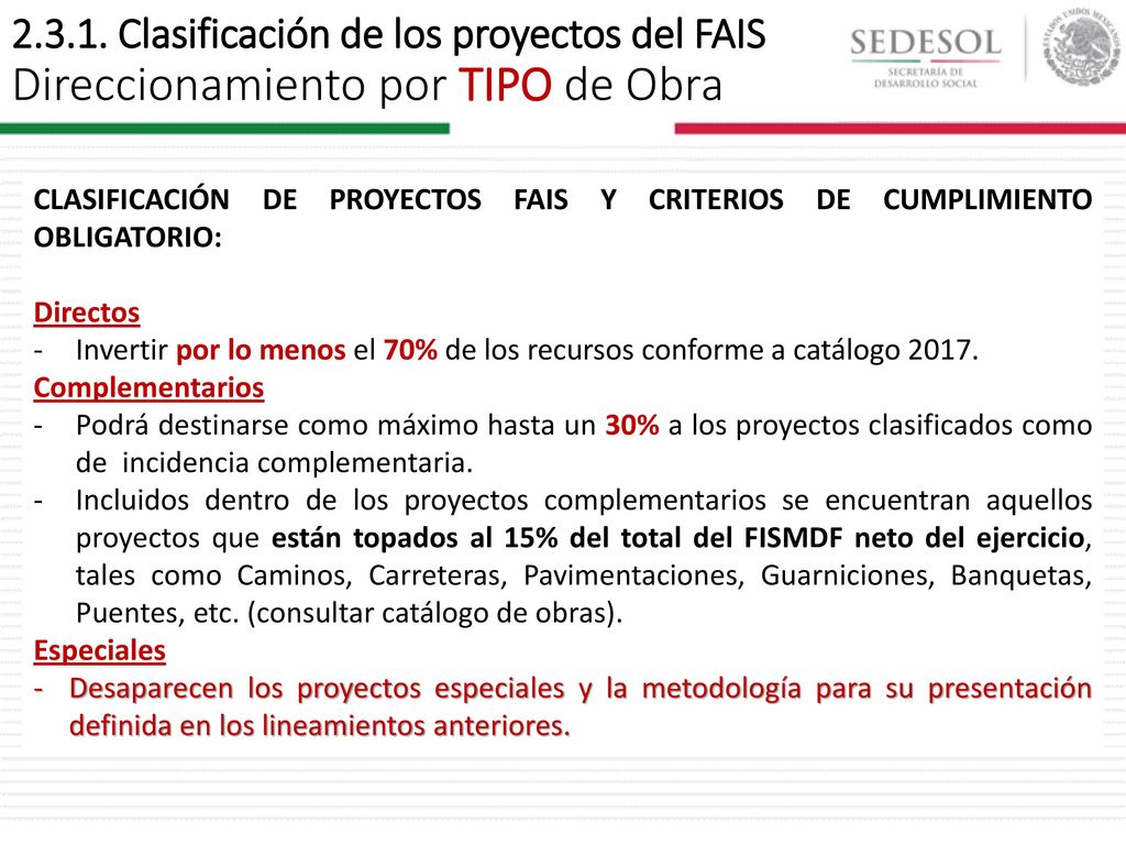 Clasificación de los proyectos del FAIS Direccionamiento por TIPO de Obra