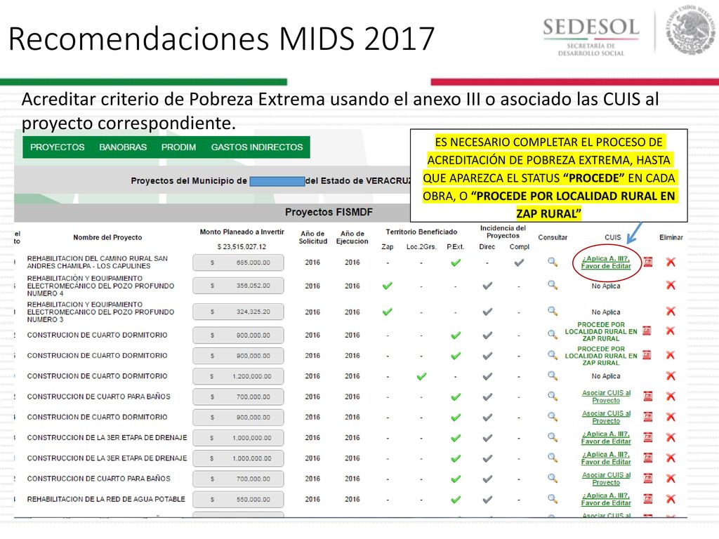 Recomendaciones MIDS 2017 Acreditar criterio de Pobreza Extrema usando el anexo III o asociado las CUIS al proyecto correspondiente.