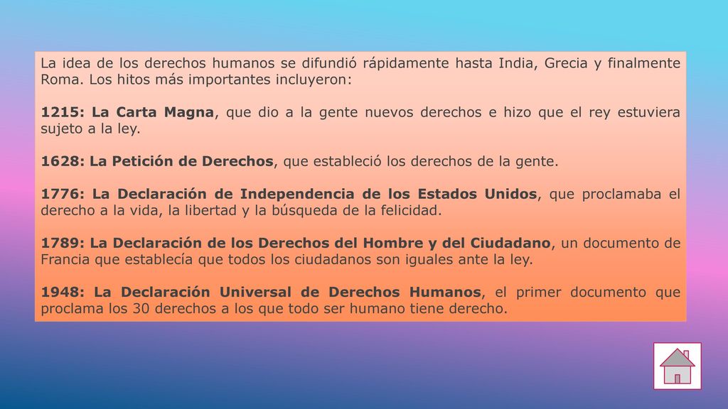 La idea de los derechos humanos se difundió rápidamente hasta India, Grecia y finalmente Roma. Los hitos más importantes incluyeron: