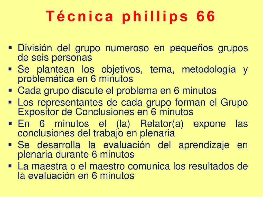 Técnica phillips 66 División del grupo numeroso en pequeños grupos de seis personas.