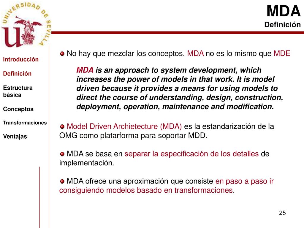 MDA Definición. No hay que mezclar los conceptos. MDA no es lo mismo que MDE.