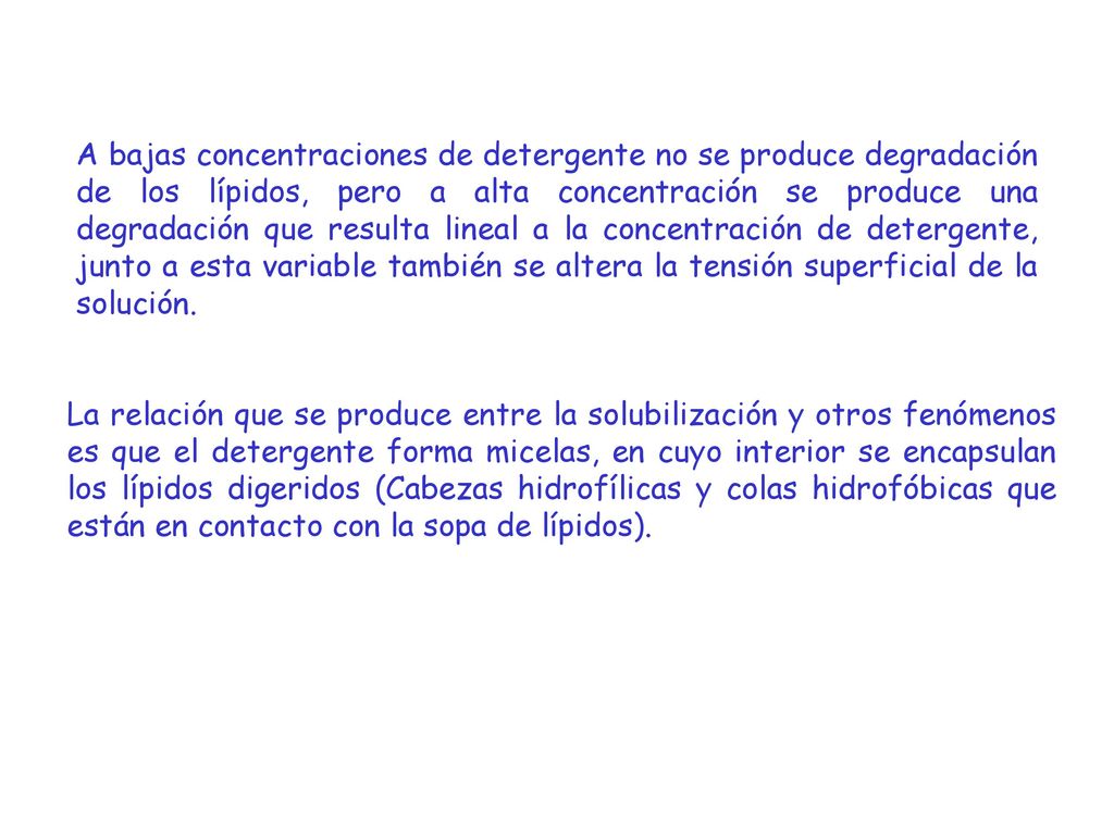 A bajas concentraciones de detergente no se produce degradación de los lípidos, pero a alta concentración se produce una degradación que resulta lineal a la concentración de detergente, junto a esta variable también se altera la tensión superficial de la solución.
