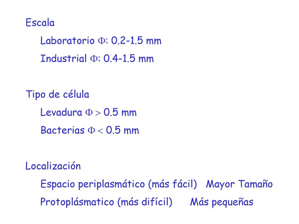 Escala Laboratorio F: mm. Industrial F: mm. Tipo de célula. Levadura F > 0.5 mm.