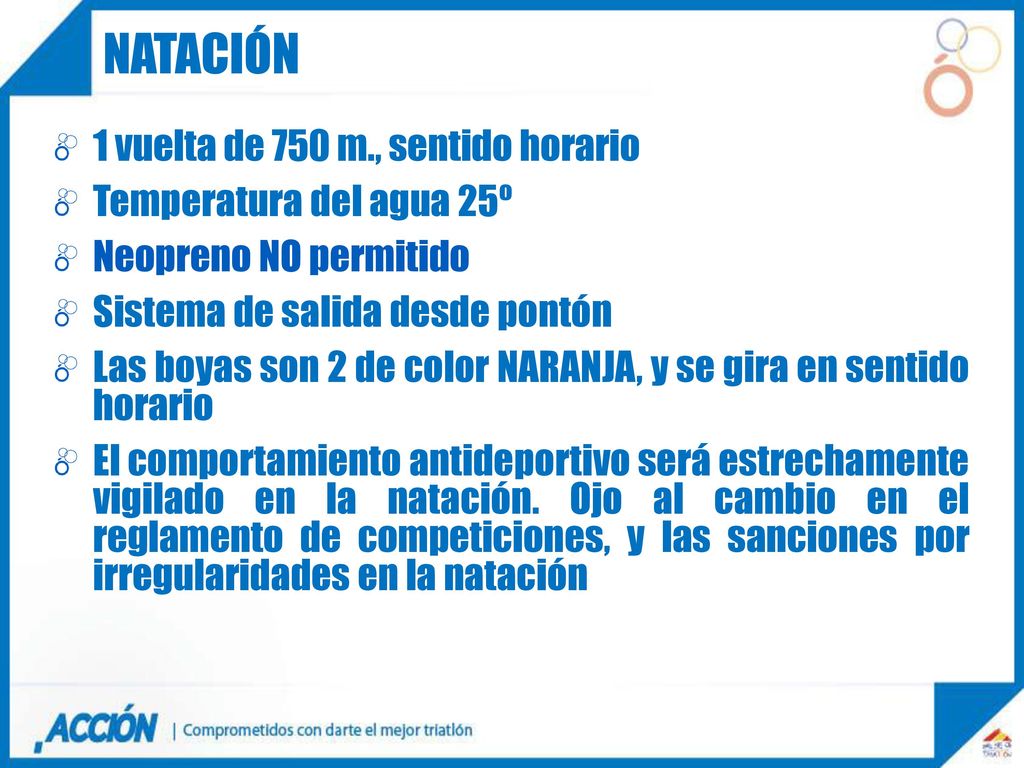 natación 1 vuelta de 750 m., sentido horario Temperatura del agua 25º