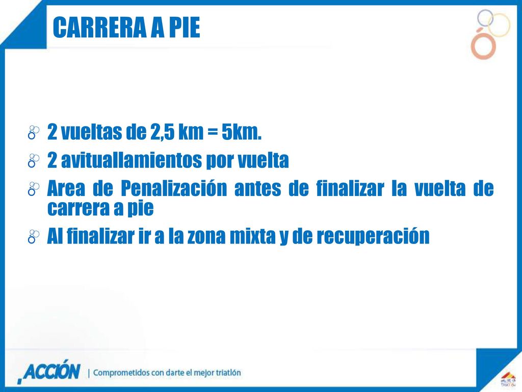 Carrera a pie 2 vueltas de 2,5 km = 5km. 2 avituallamientos por vuelta