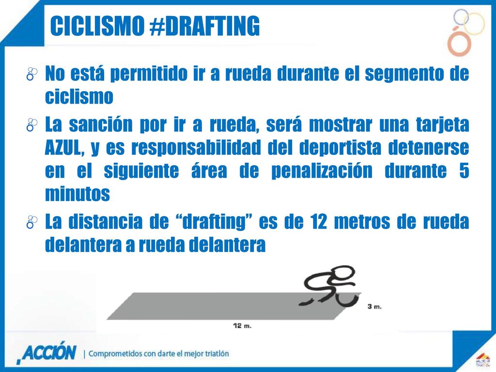 Ciclismo #DRAFTING No está permitido ir a rueda durante el segmento de ciclismo.