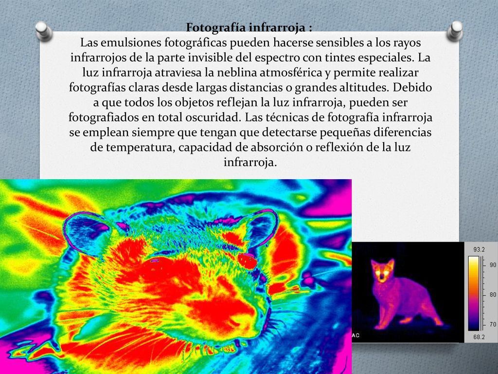 Fotografía infrarroja : Las emulsiones fotográficas pueden hacerse sensibles a los rayos infrarrojos de la parte invisible del espectro con tintes especiales.