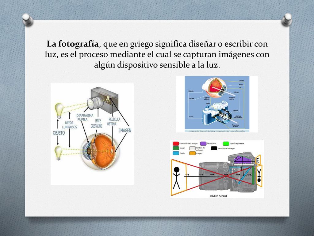 La fotografía, que en griego significa diseñar o escribir con luz, es el proceso mediante el cual se capturan imágenes con algún dispositivo sensible a la luz.