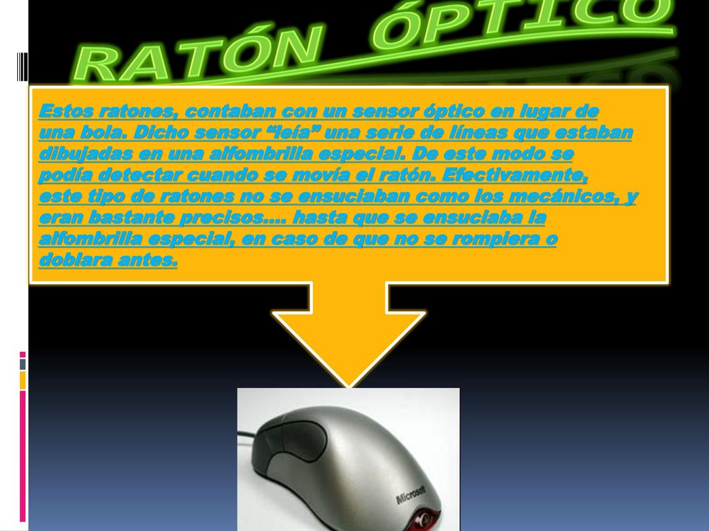 Ratón óptico Estos ratones, contaban con un sensor óptico en lugar de