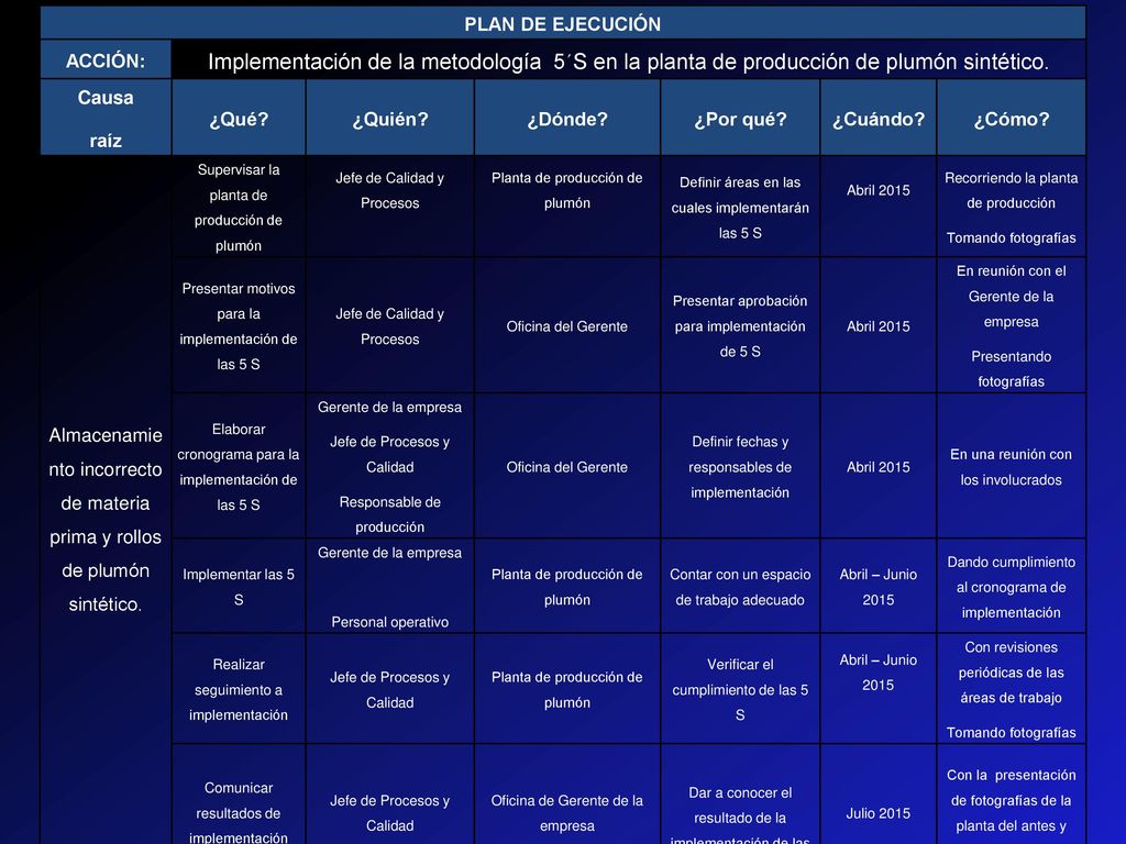 PLAN DE EJECUCIÓN ACCIÓN: Implementación de la metodología 5´S en la planta de producción de plumón sintético.