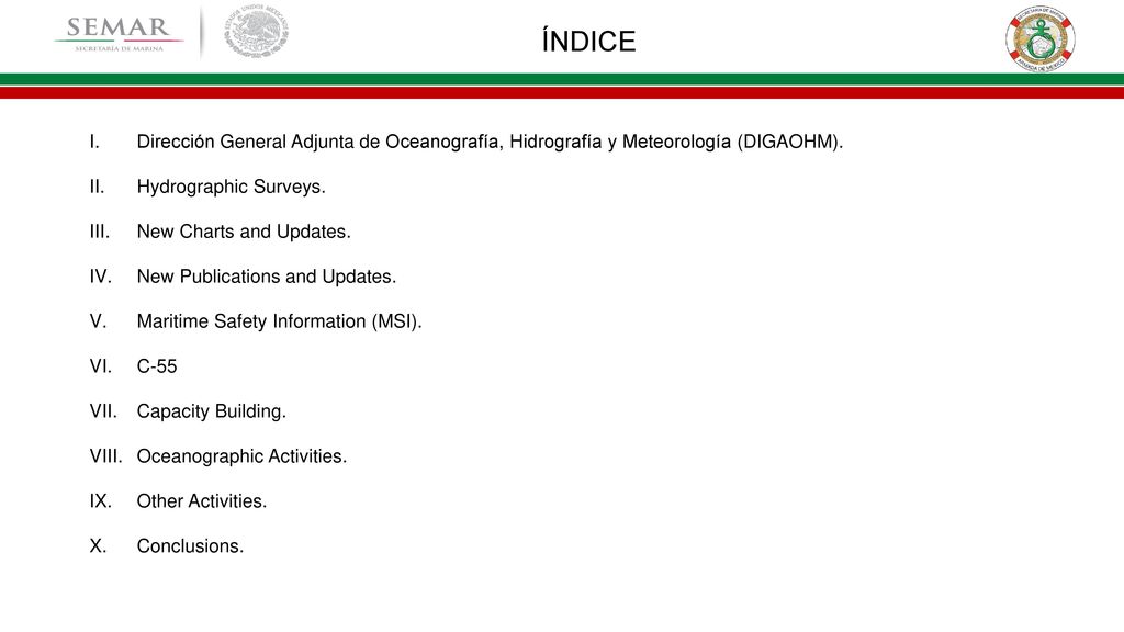 ÍNDICE Dirección General Adjunta de Oceanografía, Hidrografía y Meteorología (DIGAOHM). Hydrographic Surveys.