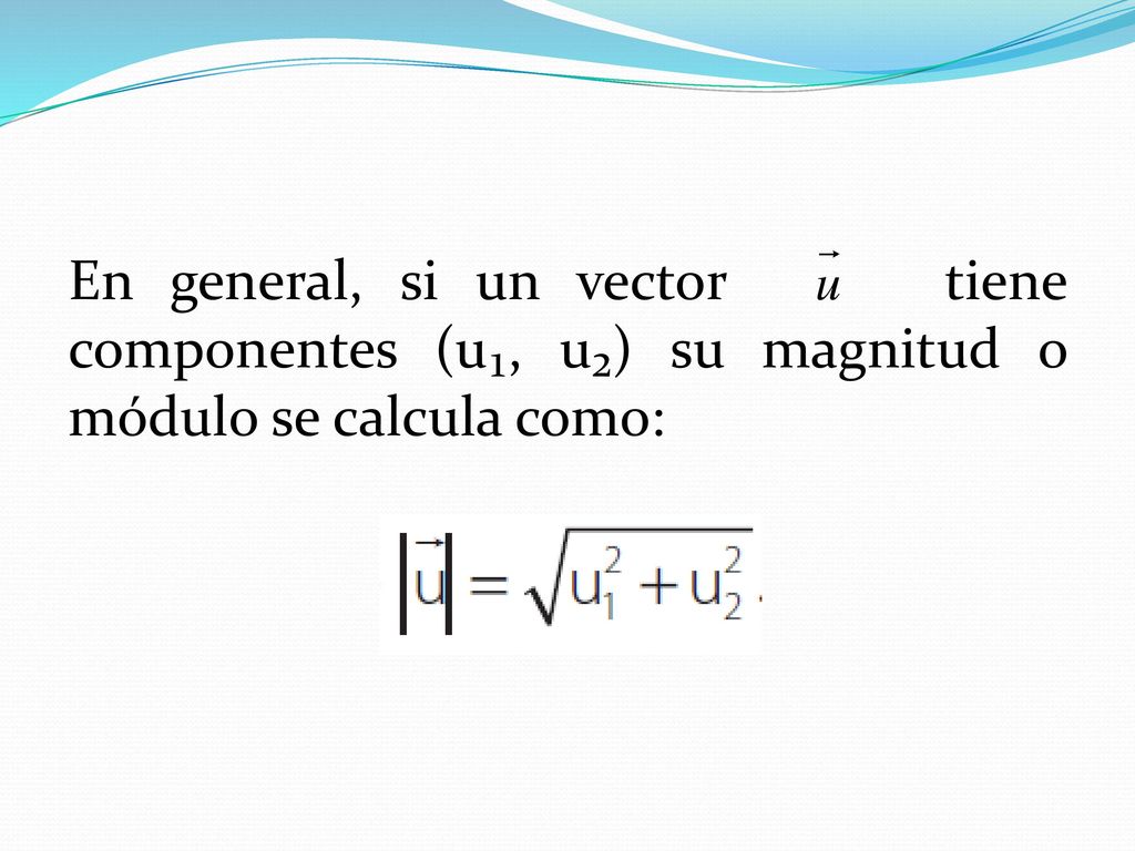 En general, si un vector tiene componentes (u₁, u₂) su magnitud o módulo se calcula como: