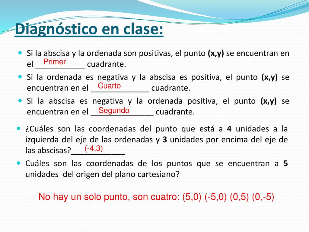 Diagnóstico en clase: Si la abscisa y la ordenada son positivas, el punto (x,y) se encuentran en el ___________ cuadrante.
