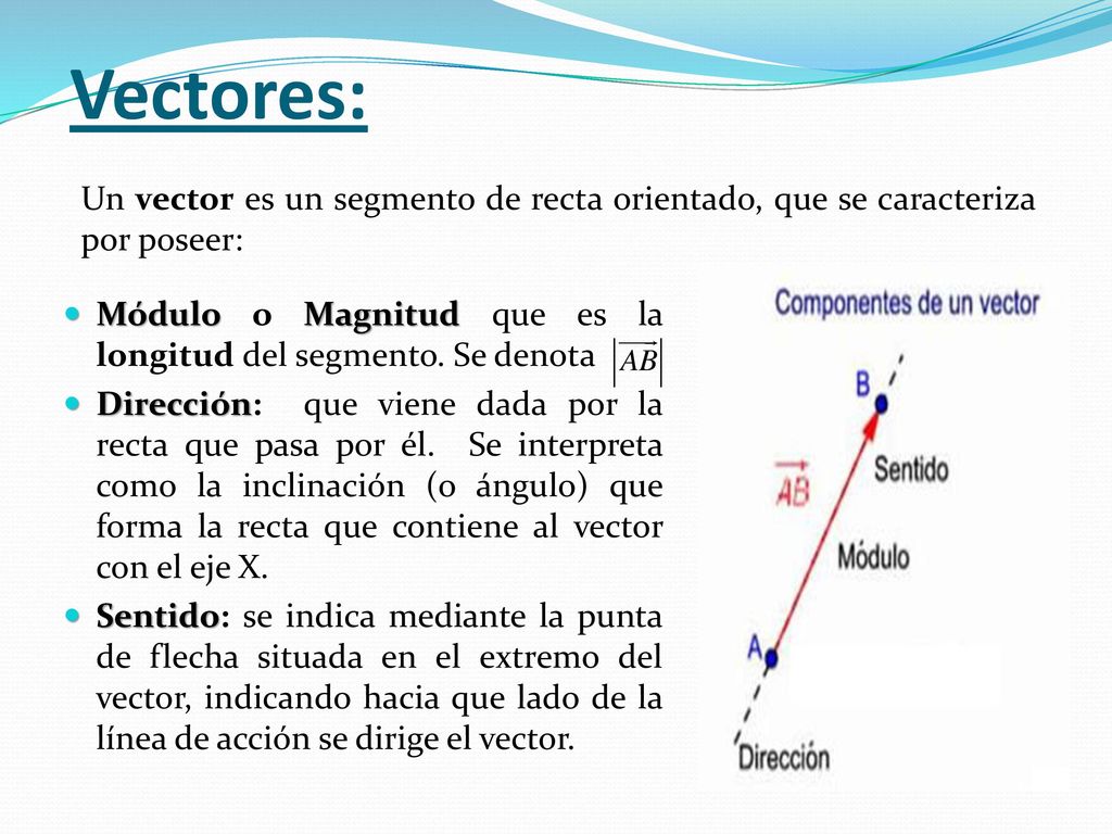 Vectores: Un vector es un segmento de recta orientado, que se caracteriza por poseer: Módulo o Magnitud que es la longitud del segmento. Se denota.