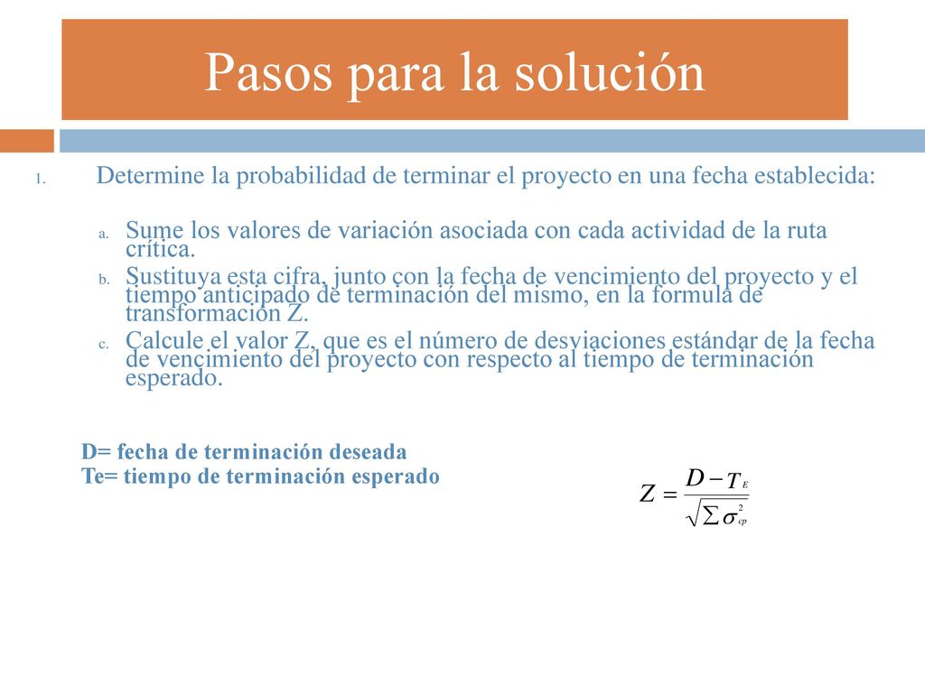 Pasos para la solución Determine la probabilidad de terminar el proyecto en una fecha establecida: