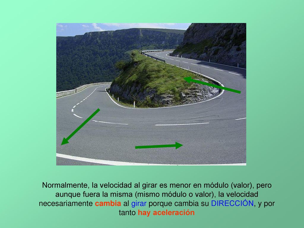 Normalmente, la velocidad al girar es menor en módulo (valor), pero aunque fuera la misma (mismo módulo o valor), la velocidad necesariamente cambia al girar porque cambia su DIRECCIÓN, y por tanto hay aceleración