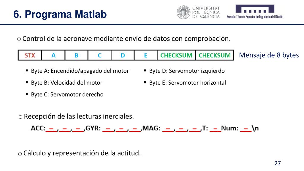 6. Programa Matlab Control de la aeronave mediante envío de datos con comprobación. Mensaje de 8 bytes.