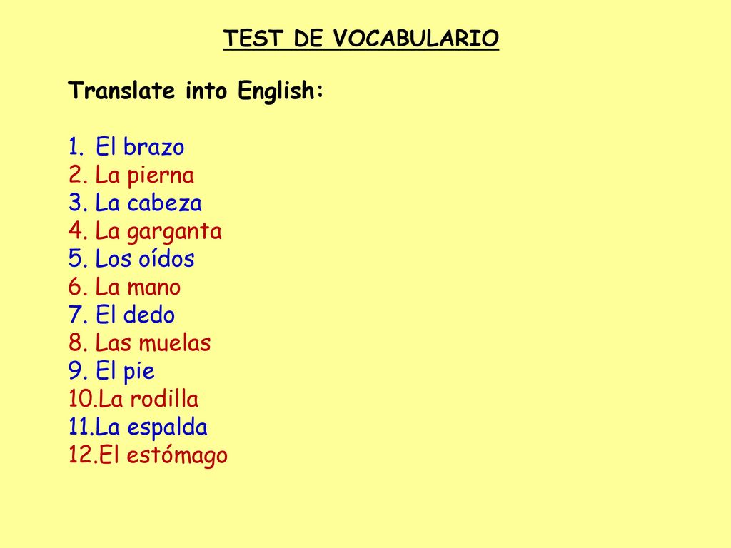 Translate into English: El brazo La pierna La cabeza La garganta