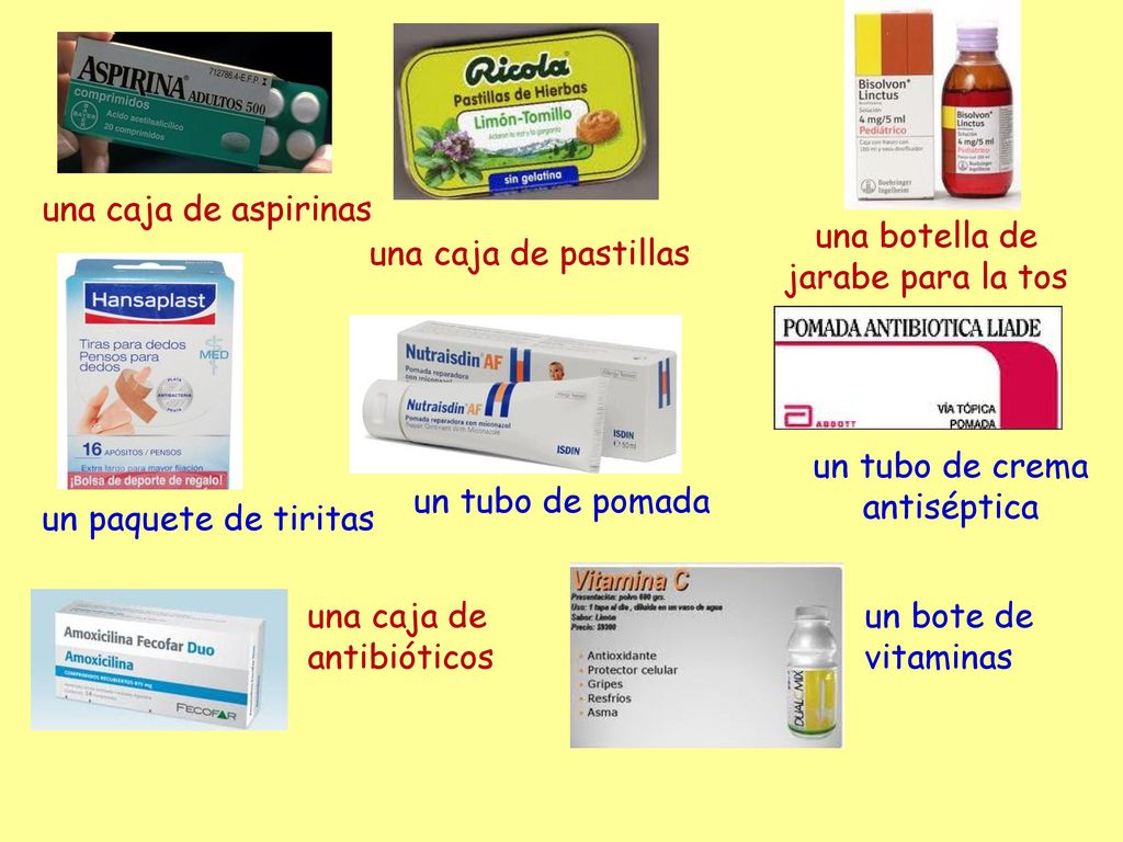 una botella de jarabe para la tos una caja de pastillas