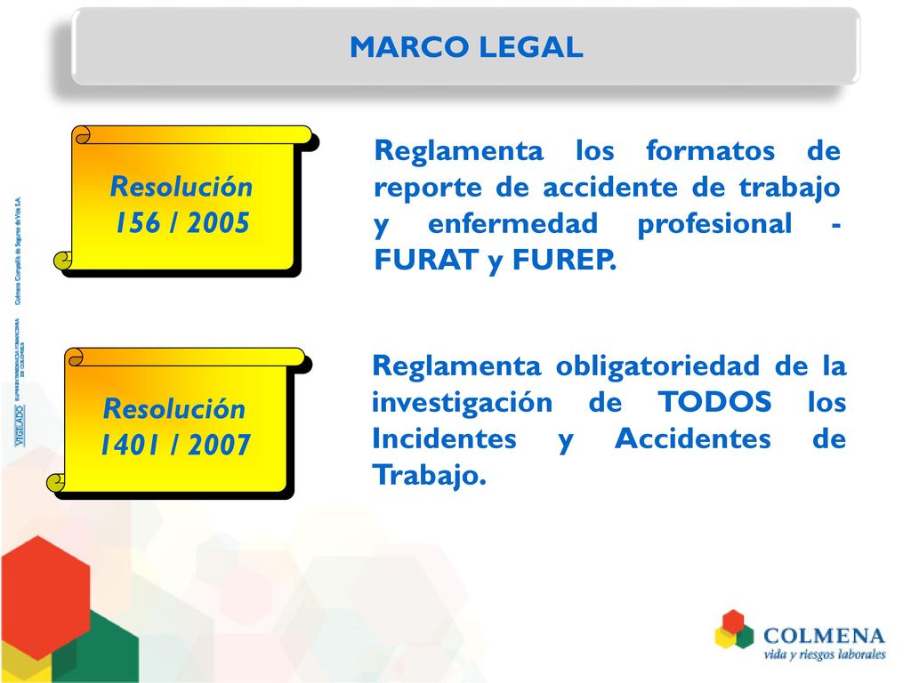 MARCO LEGAL Reglamenta los formatos de reporte de accidente de trabajo y enfermedad profesional - FURAT y FUREP.