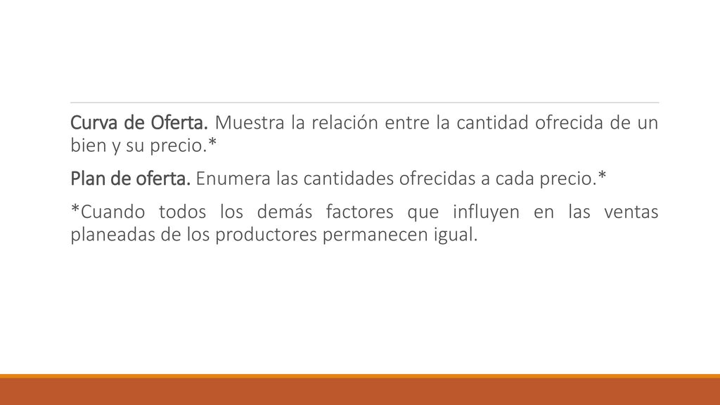 Curva de Oferta. Muestra la relación entre la cantidad ofrecida de un bien y su precio.*