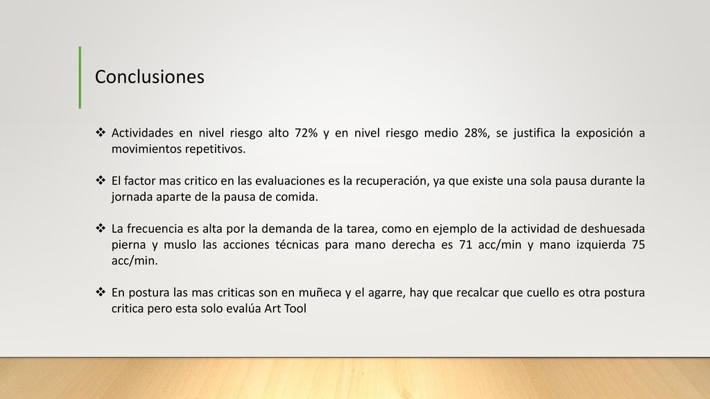 Conclusiones Actividades en nivel riesgo alto 72% y en nivel riesgo medio 28%, se justifica la exposición a movimientos repetitivos.