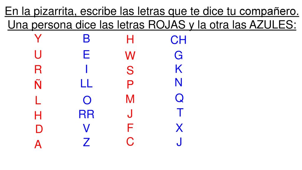 En la pizarrita, escribe las letras que te dice tu compañero.