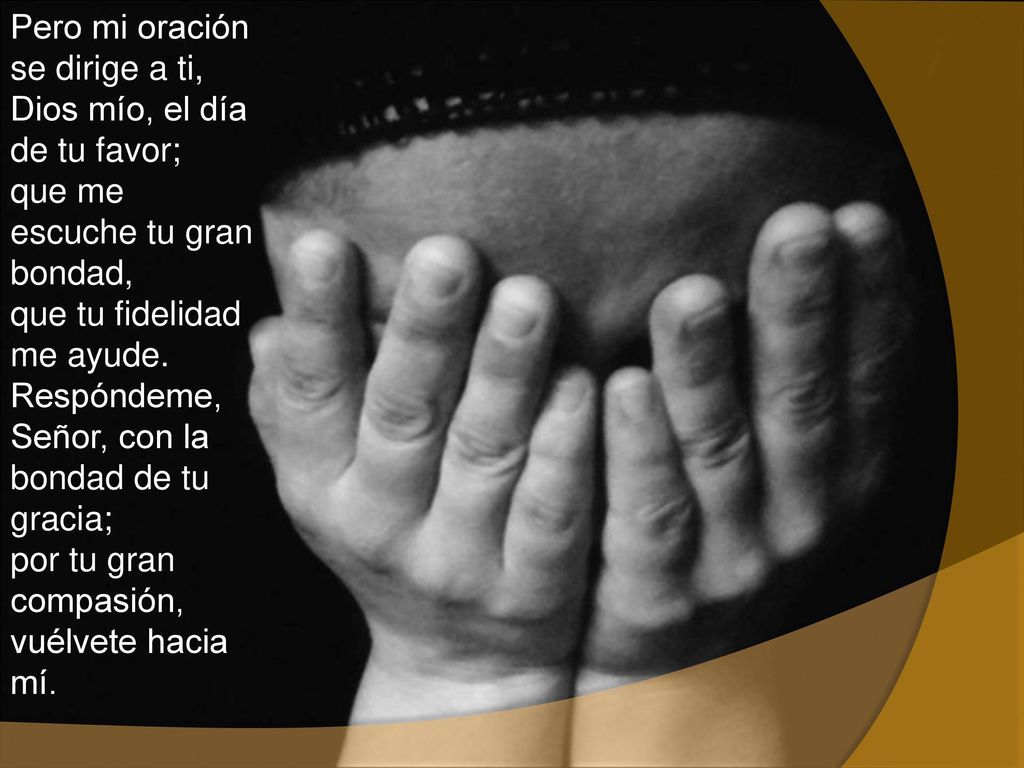 Pero mi oración se dirige a ti, Dios mío, el día de tu favor; que me escuche tu gran bondad, que tu fidelidad me ayude. Respóndeme, Señor, con la bondad de tu gracia; por tu gran compasión, vuélvete hacia mí.