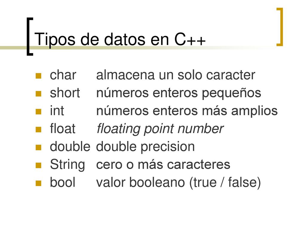 Tipos de datos en C++ char almacena un solo caracter