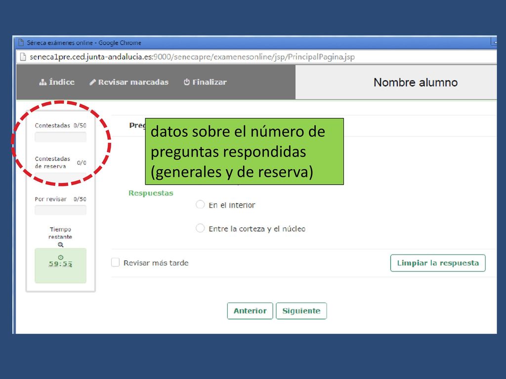 datos sobre el número de preguntas respondidas (generales y de reserva)
