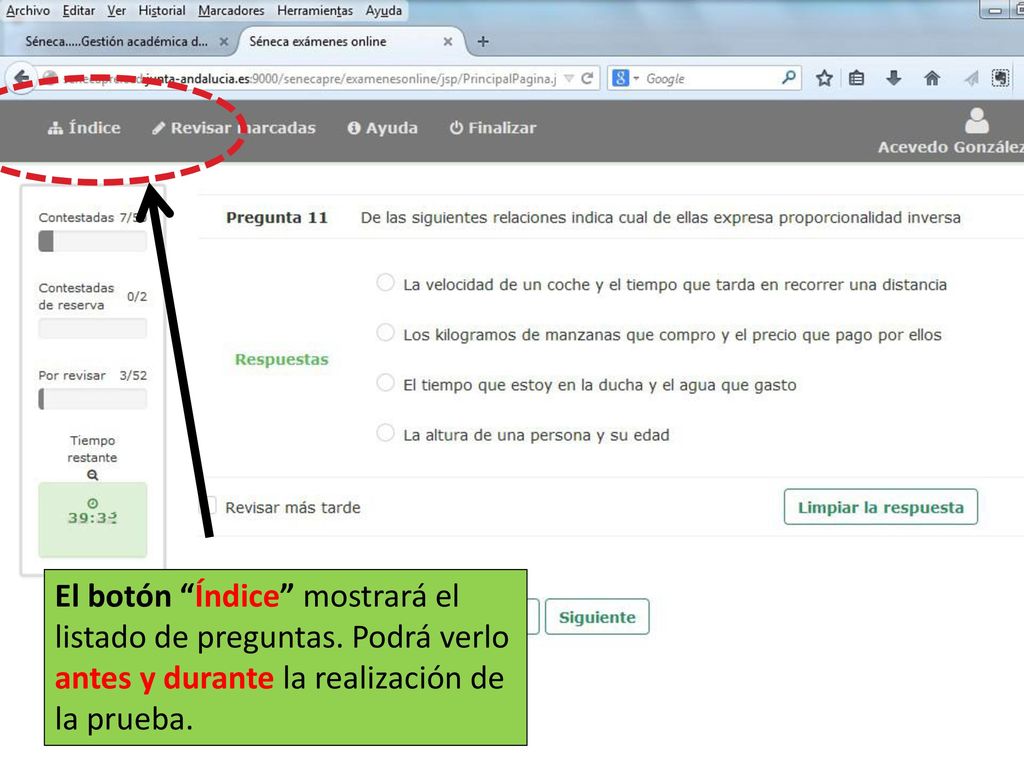 El botón Índice mostrará el listado de preguntas