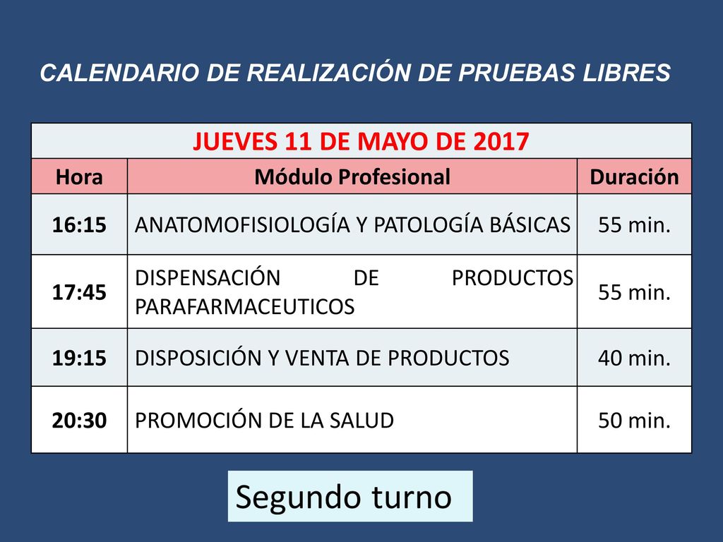 JUEVES 11 DE MAYO DE 2017 CALENDARIO DE REALIZACIÓN DE PRUEBAS LIBRES