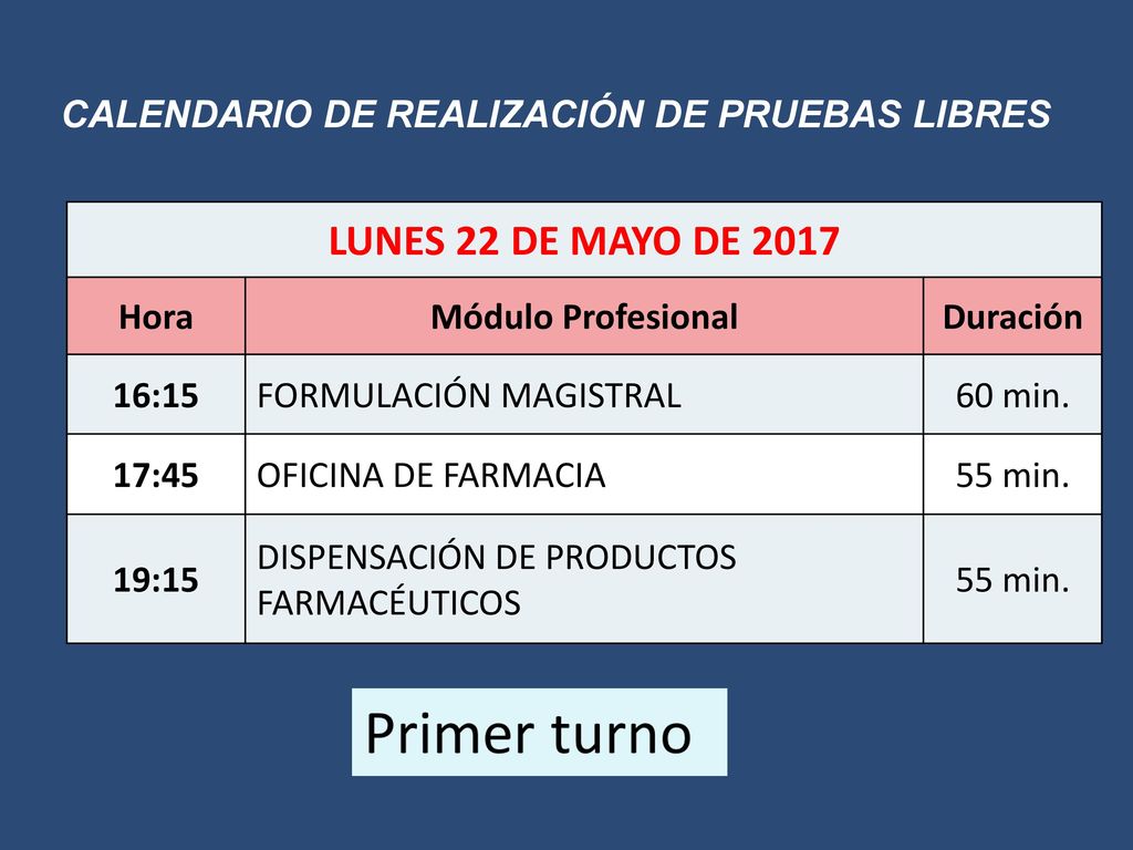 LUNES 22 DE MAYO DE 2017 CALENDARIO DE REALIZACIÓN DE PRUEBAS LIBRES