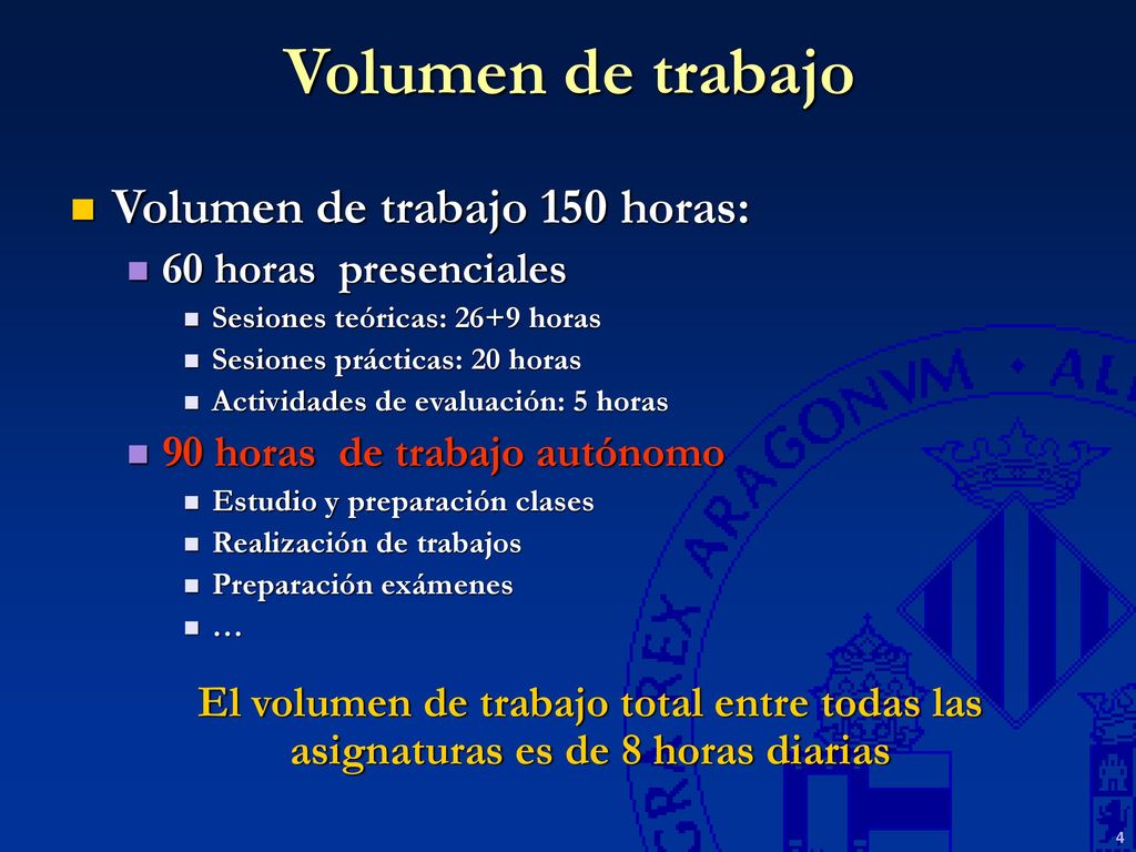 Volumen de trabajo Volumen de trabajo 150 horas: 60 horas presenciales