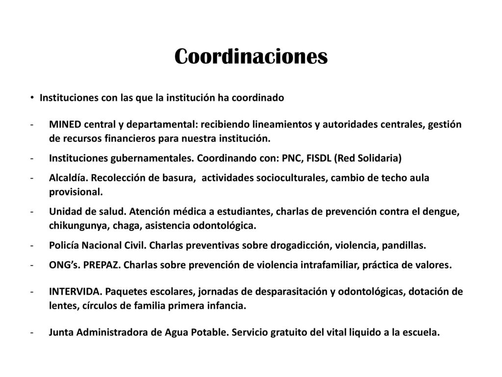 Coordinaciones Instituciones con las que la institución ha coordinado