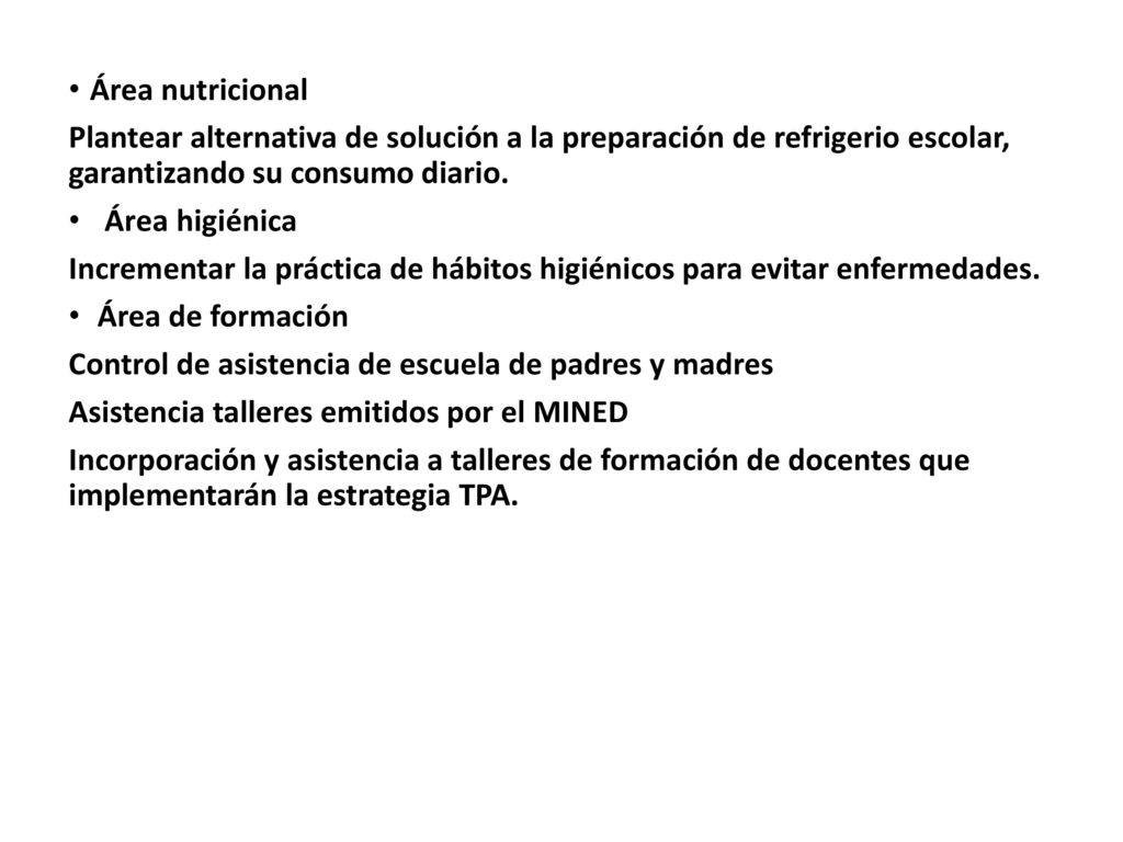Área nutricional Plantear alternativa de solución a la preparación de refrigerio escolar, garantizando su consumo diario.